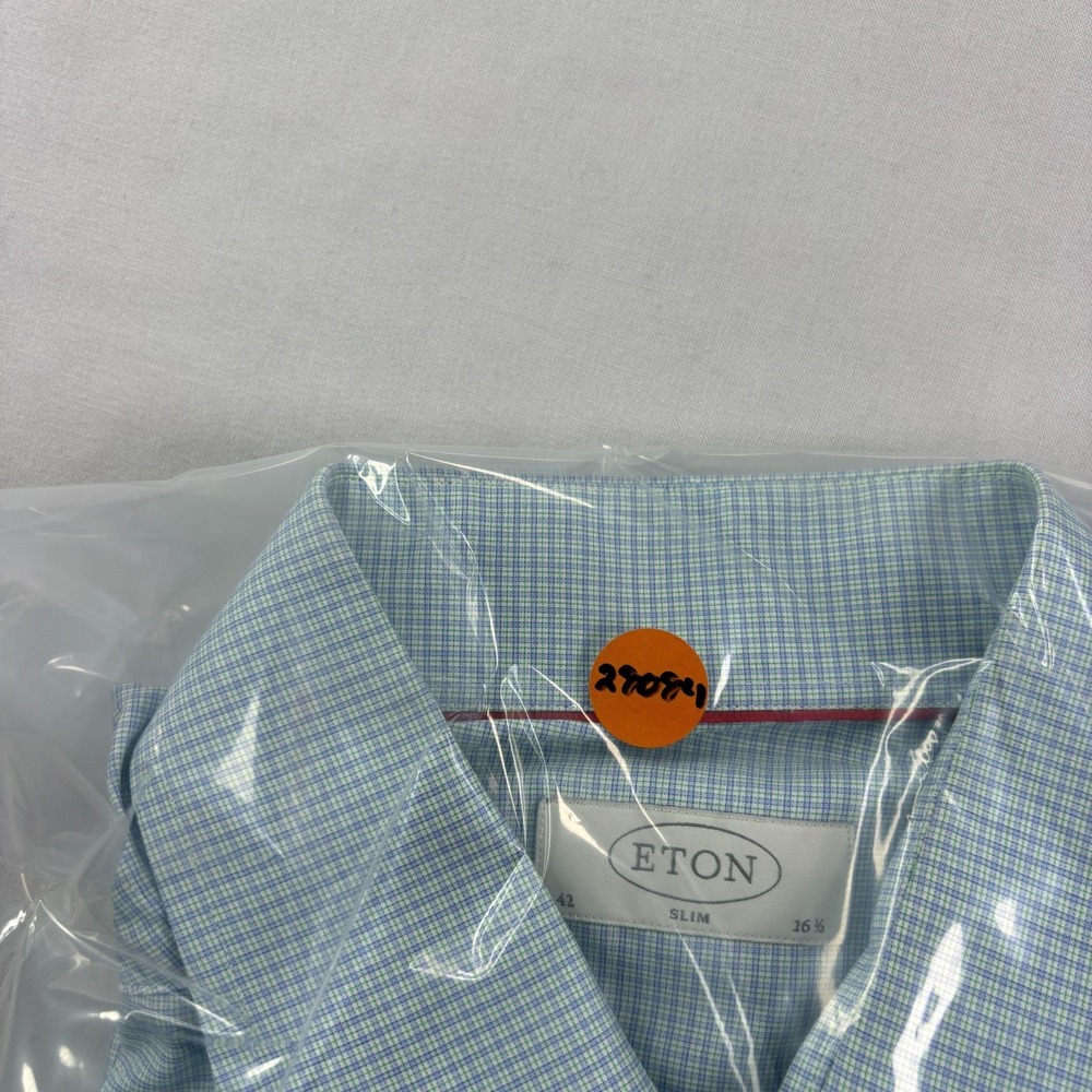 Eton Shirt Mens 42 16.5 Blue Green Plaid Button Up Slim Fit Formal Casual - Picture 10 of 10